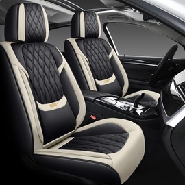 YJZT Car Seat Covers Full Set, Breathable Leather Automotive Front and Rear Seat Coverswith Lumbar Support, Waterproof Auto Seat Protectors Fit for Most Sedans SUV Pick-up Truck (Black and Beige)