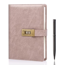 WEMATE Diary with Lock, A5 PU Leather Journal with Lock, 240 Pages, Vintage Lock Journal with Pen & Gift Box, Lockable Diary for Women and Men, 8.6 x 5.8 inches, Pink