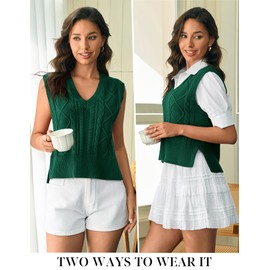 Lueluoye Women's V Neck Trendy Sweater Vest Cable Knit Sleeveless Cropped Sweater Vests Ribbed Preppy Sweater Vest Green M