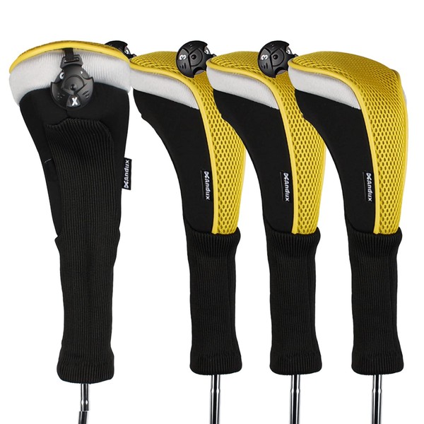 Andux ロングネック ゴルフ ハイブリッド クラブヘッドカバー 交換可能な番号タグ付き 4個セット CTMT-02 (イエロー)