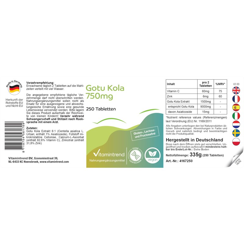 Vitamintrend Gotu Kola 750 mg, 250 Tablets, High Dose Gotu