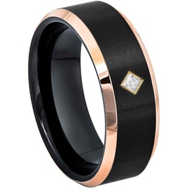 0.05ct Princess Cut Moissanite Cobalt 8mm Wedding Band - Matte Black & Rose Gold IP Beveled Edge Cobalt Ring Anniversary Band April Birthstone