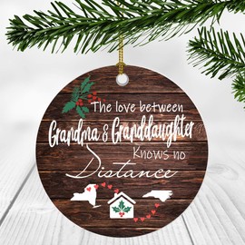 Merry Christmas Ornament Long Distance Grandma, Granddaughter New York North Carolina Two State Map - The Love Between Grandma And Granddaughter Knows No Distance - Ornament 3" Plastic