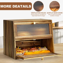JUATPNIY Acacia Wooden Bread Box for Kitchen Countertop,Extra Large 2 Layer Breadbox Holder Farmhouse Bread Storage Container Bread Bin Food Organizer Pantry Shelf Acrylic Window