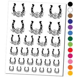 Classy Horseshoe with Rose Cowboy Cowgirl Western Farm Ranch Horses Temporary Tattoo Water Resistant Fake Body Art Set Collection - Red (One Sheet)