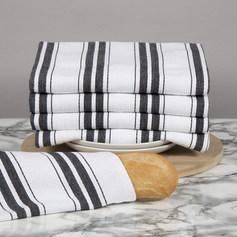 100% Cotton Tea Towel - Black Basketweave Stripe Pattern, Pack
