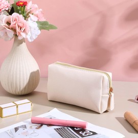 Heclia Leather Makeup Bag for Purse Travel - 1pc Portable Make Up Bags for Purses with Zipper, Waterproof Cosmetic Bag for Women and Girl, Small Makeup Brush Holder, Skincare Cosmetic Pouch (Beige)