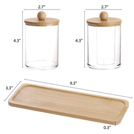 Tbestmax 10 oz Qtip Holder with Vanity Tray, 3 Pack Cotton Swab/Ball/Pad Dispenser Apothecary Jar, Clear Bathroom Containers Dispenser for Storage Bamboo Lids