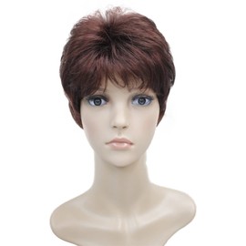 Wigsinway Short Synthetic Wigs Dark Red Fluffy Straight Full Bang Capless Heat Resistant Fiber Wigs for Women