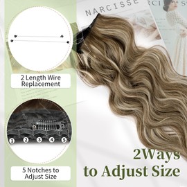KooKaStyle Invisible Wire Hair Extensions with Transparent Headband Adjustable Size 4 Secure Clips Long Wavy Secret Wire Hairpiece 16 Inch Medium Brown Ash Blonde for Women