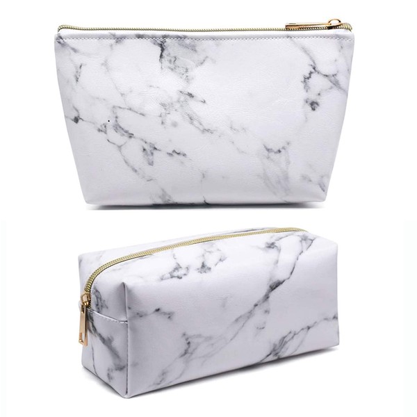 Pack of 2 Marble Cosmetic Makeup Bag, Portable Travel Cosmetic Bags, Cosmetic Bag Made of Marble Rose Gold Zip, for Storing Cosmetics, Purses and Travel Bags, White