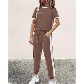 Amkoyam Women's Two Piece Outfits 2025 Summer Short Sleeve Tops With Drawstring Long Pants Tracksuit Jogger Lounge Set(Khaki,XX-Large)