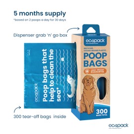 Ecopack Dog Poop Bags – 300 Leak-Proof, Extra Thick, Unscented Waste Bags for Dogs & Cats | Made from Recycled Ocean-Bound Plastic | Comes in Easy-Use Dispenser Box