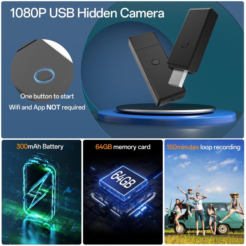 rumhams 64GB USB Flash Drive Camera,1080P Video Resolution Security, Rechargeable