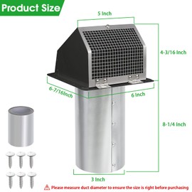 3 Inch Dryer Vent Cover Wall Vent Hood with Screen and Damper,Outdoor Dryer Vent Cover Outside Exhaust Vent Cover for Duct Bathroom Air Ventilation,Wall Mount Extractor Vent Cap,Galvanized Steel,Black