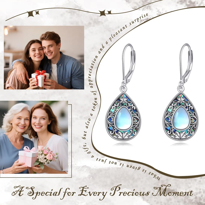 Vadmans Moonstone Teardrop Earrings Sterling Silver Abalone Shell Vintage Filigree