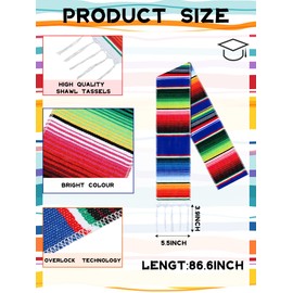 Bufanda mexicana Serape colorida, estola de graduación latina Serape, bufanda para graduación y hombres, 84.6 x 5 pulgadas, Azul Real, Mediano