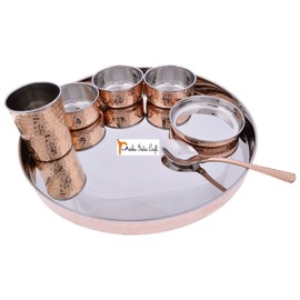 Prisha India Craft Dinnerware Stainless Steel Copper Traditional Dinner Set Of Thali Plate, Bowls, Glass And Spoon, Diameter 13 Inch