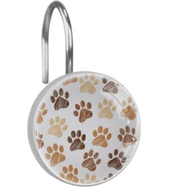 Grey Brown Paws Cartoon Dog 12 Pack Shower Curtain Hooks Decorative Shower Curtain Hook and Ring Set ABS Resin Anti-Rust Bathroom Curtain Rings