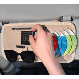 zimois Car Cd Holder,Leather Vehicle Sun Visor Organizer Clip,Cd Visor Holder For Car,Can accommodate 8 CDs, 3 Cards, 1 Pen, And 1 Pair Of Glasses（Off-White）