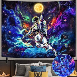 Neasow Blacklight Astronaut Space Tapestry, UV-Reactive Galaxy Universe Planet Lights in Dark Tapestry for Men, Boys and Teens Cool Poster (Black Light, 150 x 200 cm)
