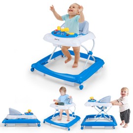 HONEY JOY Baby Walker, 5 in 1 Infant Activity Walker with Wheels, Music, Removable Cushion, Toddler Foldable Push Walker for Boys Girls, Anti-Rollover Walkers for Babies 7-14 Months (Blue)