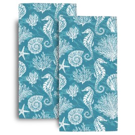 Bath Hand Towels Seahorse Corals Teal Green Bathroom Towels Decorative Set of 2 Soft Hand Towel for Bathroom Sports Gym Yoga Home Nautical Bathroom Decor 14x28 Inch