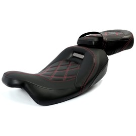 KUAFU Pillion Seat Compatible with 2009-2023 Harley Davidson Touring Road King Ultra CVO Limited Street Glide Road(Red Stitching) Low Profile Rider Passenger