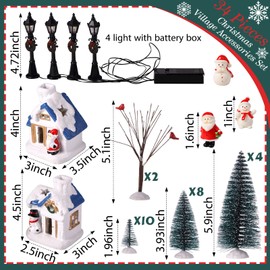 34 Pieces Christmas Village Houses Set, Mini Christmas Trees Christmas Accessories Set Mini Bare Branch Trees Snowman Street Lamps for Christmas Town Village Miniature Home Table Top Decoration