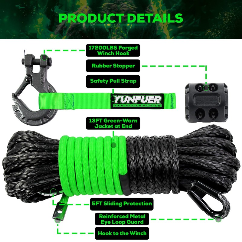 YUNFUER Synthetic Winch Rope Cable Kit, 3/16" x 50ft 8500LBS