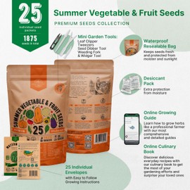 25 Summer Vegetable & Fruit Seeds Variety Pack - 1,870+ Non-GMO Heirloom Veggie & Fruits Seeds for Outdoors and Indoor Home Gardening, Including Collards, Tomato, Pepper, Okra, Onion, Bean, Cucumber