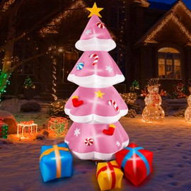 Calmbee Christmas Inflatables, 12Ft Christmas Tree Decorations, Blow Up inflatables with Built-in LEDs, Giant Green Tree Inflatables with Three Gifts, for Outdoor Holiday Yard Garden Lawn, Pink