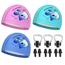 3pzs Gorro de Natación para Niños, Gorro de Natación de PU Antideslizante Impermeable, Transpirable y Cómodo, con Pinza Nasal y Tapones para los Oídos