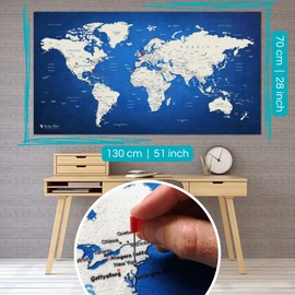World Map XXL 51 x 28 inches, Fleece Wall Hanging as Travel Pin Board in Modern Wall Art Design, 20 Flag Push Pins Included