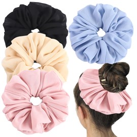 HLTOO 4PCS Big Chiffon Scrunchies, Oversized Large Ponytail Holder, Sleep Hair Accessories, for Women and Girls, Black, Beige, Blue, Pink