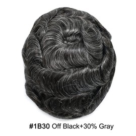 Toupee For Men Human Hair System Replacement Full Poly Skin Mens Hairpiece Injected PU Male Prosthesis Durable Men Wigs 8"X10" #1B30 Off Black with 30% gray hair -120% Medium Light to Medium Density