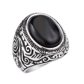 PMTIER Men's Stainless Steel Vintage Carved Pattern Gemtone Ring Black Size W