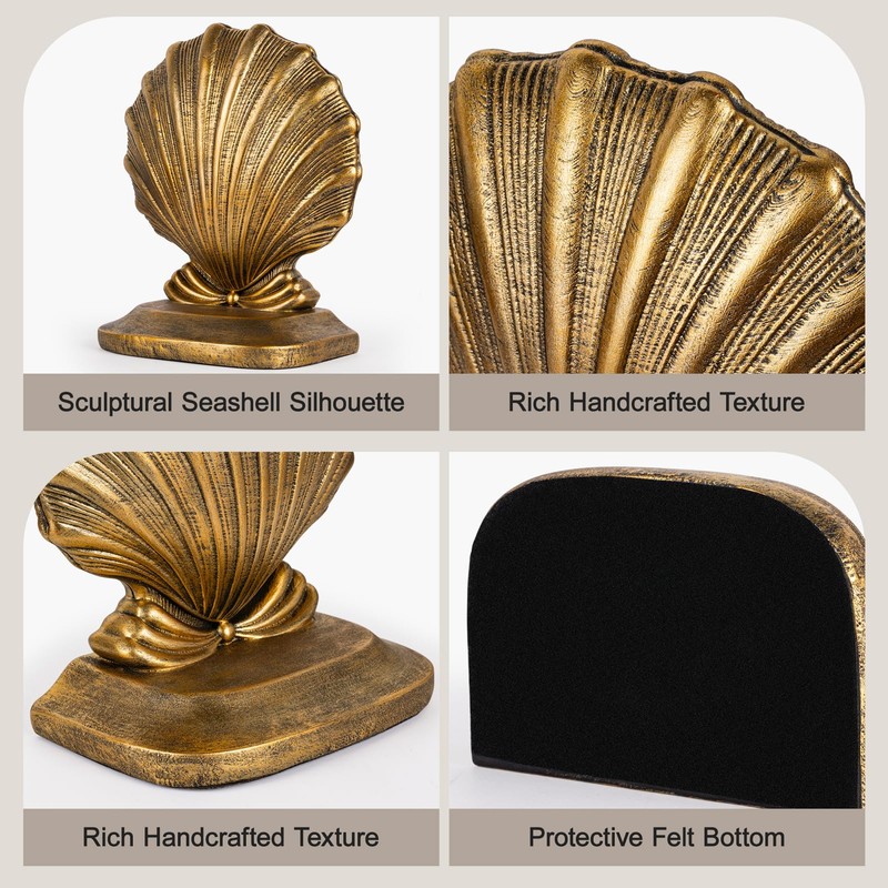 MXARLTR Decorative Shell Bookends, Coastal Nautical Book Ends for Shelves