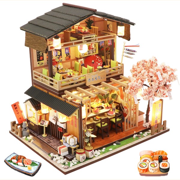Spilay DIY Dollhouse Miniature with Wooden Furniture,Handmade Japanese Style Home Craft Model Mini Kit,1:24 Creative Doll House for Adult Teenager Gift (Upgrade Gibon Sushi with dust Cover Music Box)