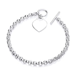 Old English Jewellers 925 Sterling Silver Ladies Belcher Bracelet T BAR Fastening HEART Tag Charm Engraveable