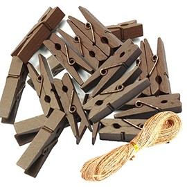 Topxome 100pcs Mini Clothes Pins Natural Wooden Small Clothespin Mini Photo Clips Picture Collage Holder with Jute Twine (Brown)