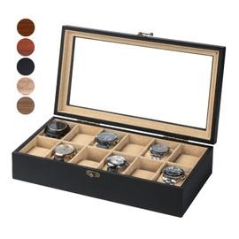 Exper City Watch Box, Watch Case for Men Women with Large Glass Lid, Wooden Watch Display Storage Box with 12 - Slots, Black Mens Watch Box Organizer