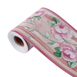 sourcing map Wall Paper Border Self Stick Wall Covering PVC Floor Border for Kitchen Bathroom Bedroom Wall Decor Paper, Rose Pattern Fuchsia+Green, 4.33 Inch by 32.8 Feet