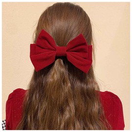 Cybche French Large Bow Hair Clips Red Velvet Bow Hair Clip Satin Bow Knot Hair Clips Large Velvet Bow Decorative Hair Accessories Jewellery for Women Headpiece (Red-3)