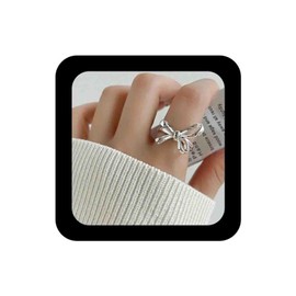 Enautoabs Minimalist Silver Plated Bow Ring Polished Bow Knot Open Rings Adjustable Bow Tie Finger Ring Metal Bow Knot Rings Jewellery for Women, Zinc, No Gemstone