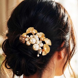 Latious Pearl Wedding Hair Comb Gold Ginkgo Leaf Bridal Hair Pieces Goddess Hair Accessories for Women and Brides