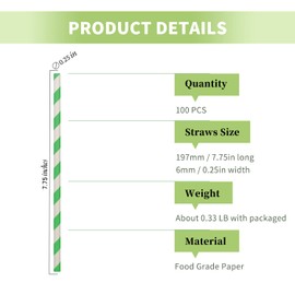 Disposable Paper Straws Green White Striped Straws, Spring Green Biodegradable Drinking Straws 7.75 inch (100 of Box)