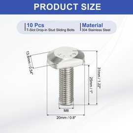 PATIKIL M8 x 25 mm T Slot Bolts, 10 Pcs 304 Stainless Steel Drop-in Bolt T Shape Stud Sliding Screw Metric Thread Hammer Head Bolt for T Track, Silver