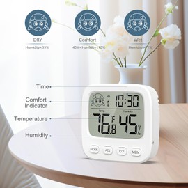 Ankilo Indoor Hygrometer Thermometer, Digital Temperature and Humidity Meter, Mini Alarm Clock with Temperature and Humidity Display for Living Room, Greenhouse, Indoor, White