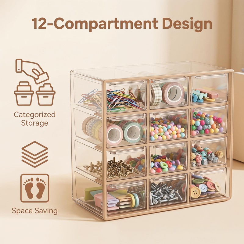 PIPITREE Acrylic Drawer Organizer, Clear Desk Organizer with Drawer, Plastic